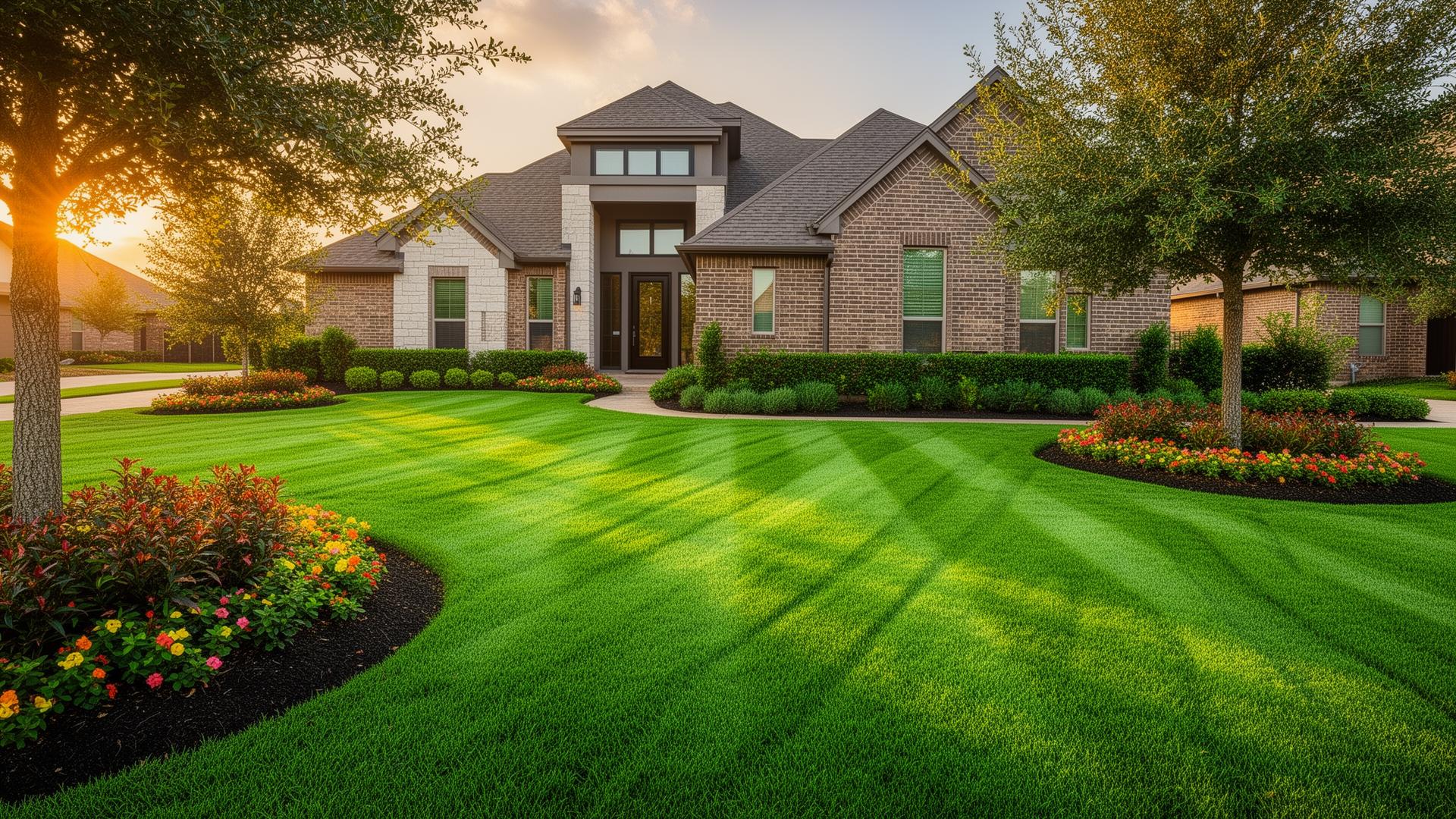 Beautifully manicured lawn in front of a modern Katy, Texas home at golden hour